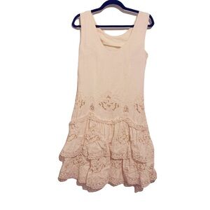 Nancy Johnson 100% Linen Embroidered Tiered Dress| Cream Sleeveless